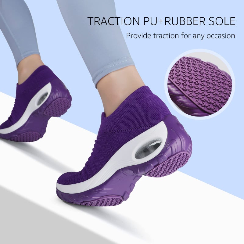 HKR Womens Walking Shoes Lightweight Platform Slip On Sneakers Comfortable Knit Mesh Working Shopping Shoes All Purple US 6.5(ZJW1839chunzise37) - Image 3